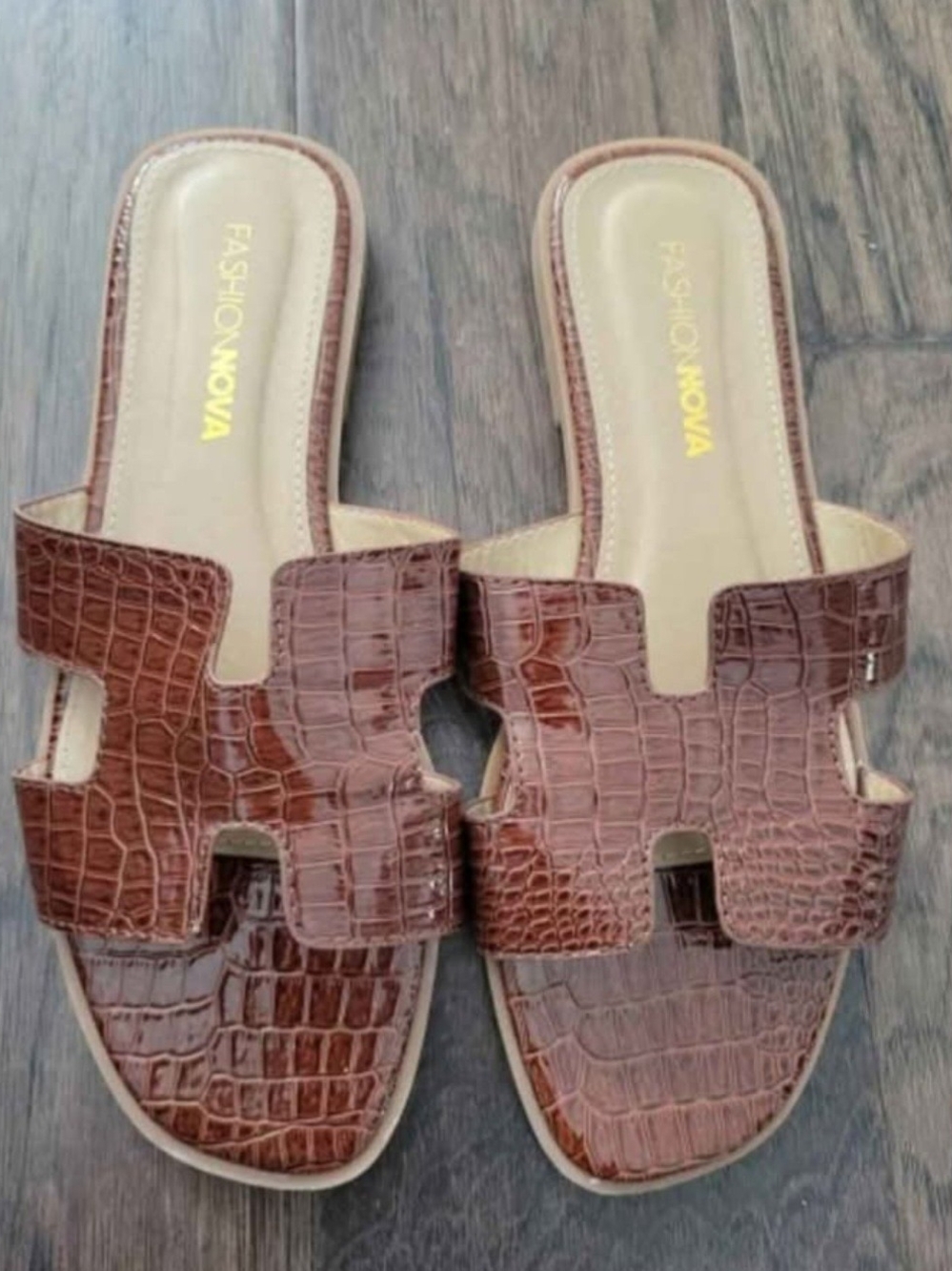 Fashion Nova Brown Croc-Embossed Slide Mules